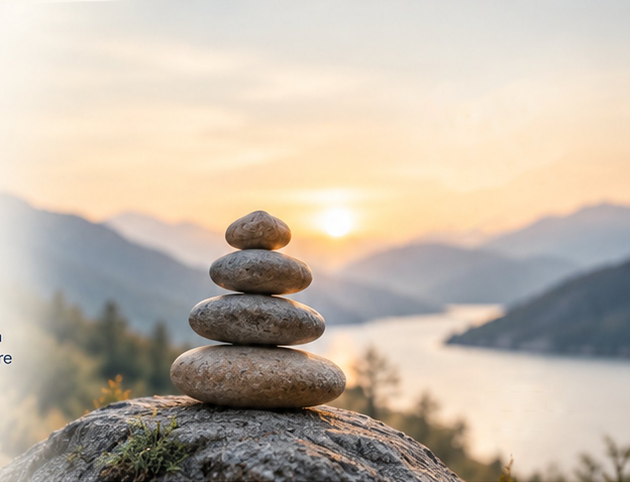 Balanced stones above a mountain lake at sunrise